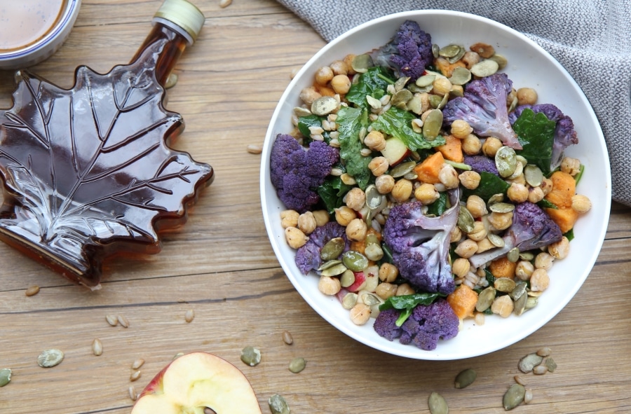 Maple Harvest Bowl with Farro and Roasted Chickpeas kale roasted cauliflower and pumpkin seeds with Maple Apple Vinaigrette - vegan plantbased no refined sugar - sweetened with maple syrup - recipe by media registered dietitian nutritionist Christy Brissette RD in Chicago 80 Twenty Nutrition